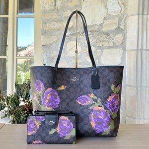 Coach Rose Signature Floral Reversible Tote Handbag/Wallet SV/Brown/Iris NWT